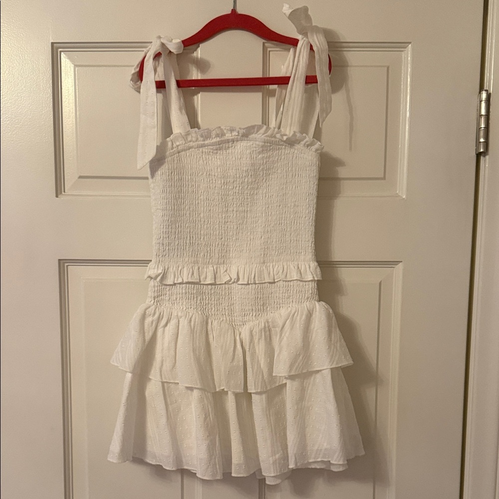 Katie J White Smocked Tiered Tie-Shoulder Kids Dress